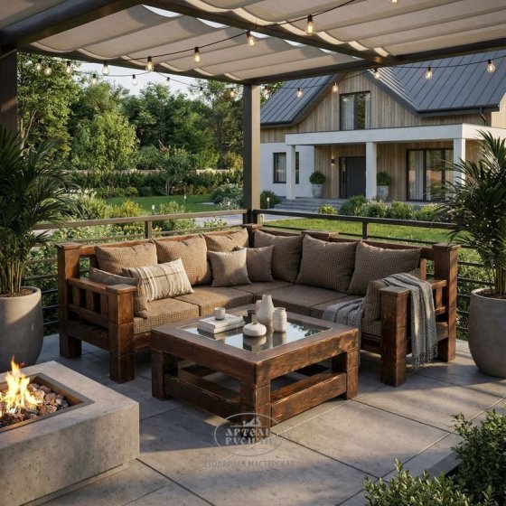 Угловой диван из массива дерева с мягкими подушками и журнальный столик в стиле лофт 