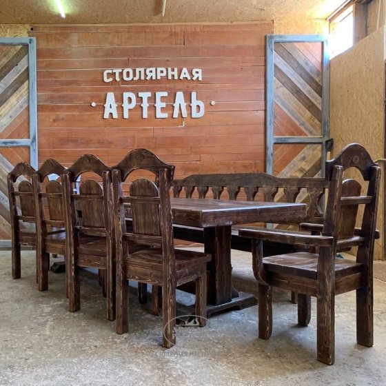 Комплект состаренной мебели из массива «Белгородский - особый» | стол, скамья, 5 стульев и кресло
