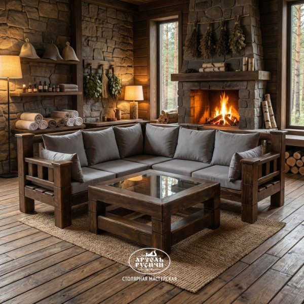 Журнальный столик в стиле лофт из массива северной сосны «Суздальский» в комнате отдыха бани
