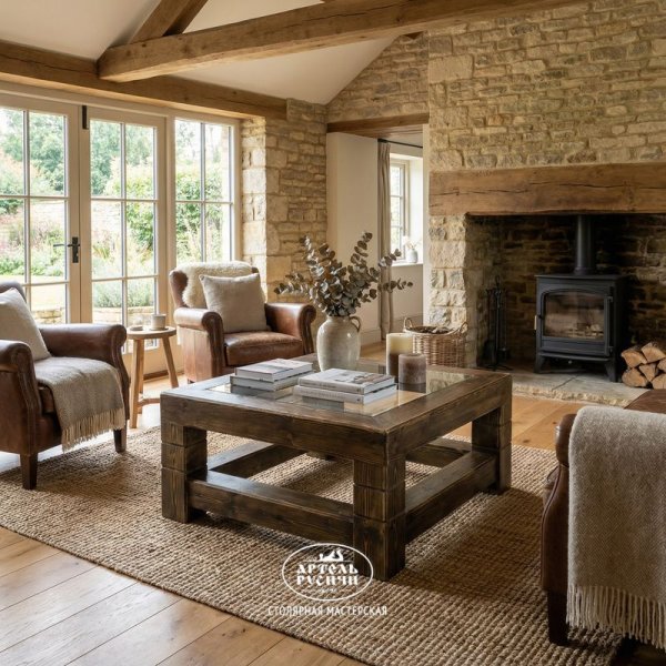 Журнальный столик в стиле лофт из массива северной сосны «Суздальский» в гостиной 