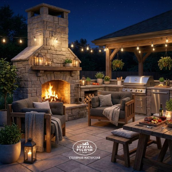 Кресло из массива дерева с мягкими подушками «Русский лофт» в зоне барбекю