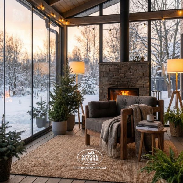 Кресло из массива дерева с мягкими подушками «Русский лофт» на застекленной террасе