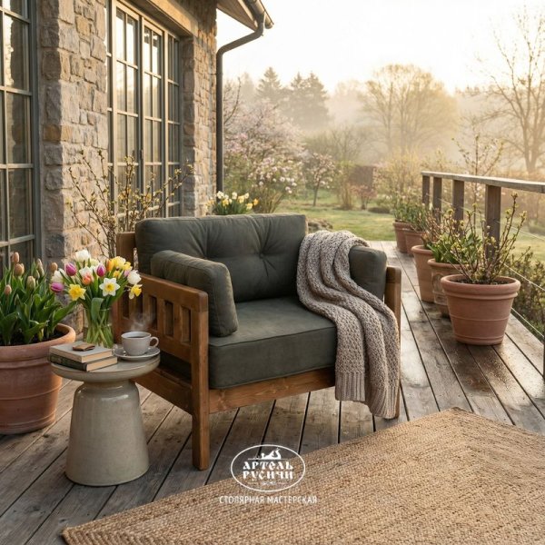 Кресло из массива дерева с мягкими подушками «Русский лофт» на открытой террасе