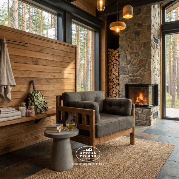 Кресло из массива дерева с мягкими подушками «Русский лофт» в бане