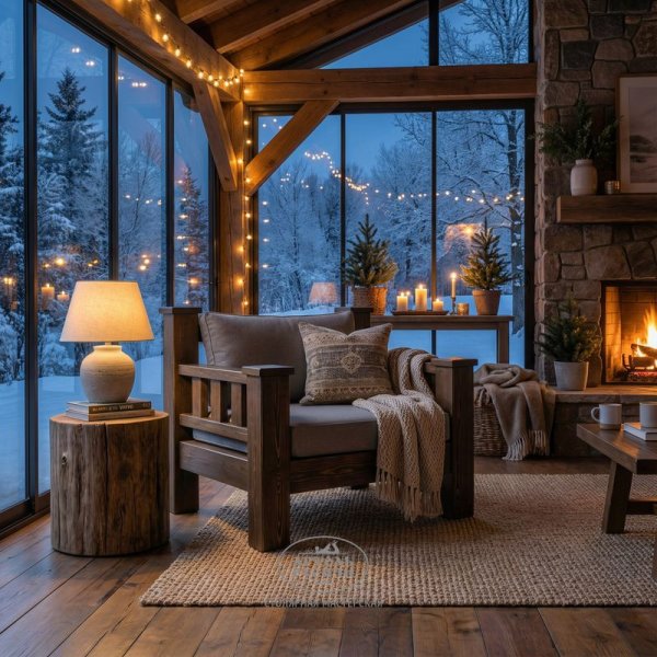 Кресло «Суздальское» в стиле лофт из массива северной сосны с подушками на застеленной террасе