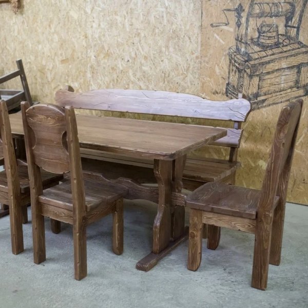 Обеденная группа под старину «Псковская» | стол, скамья, кресло и 3 стула