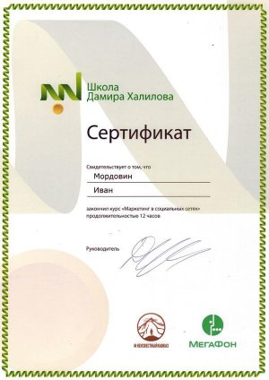 Сертификат Ивана Мордовина от школы Дамира Халилова