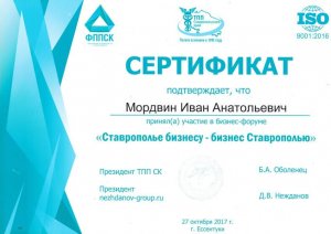 Сертификат Ивана Мордовина - участника бизнес форума