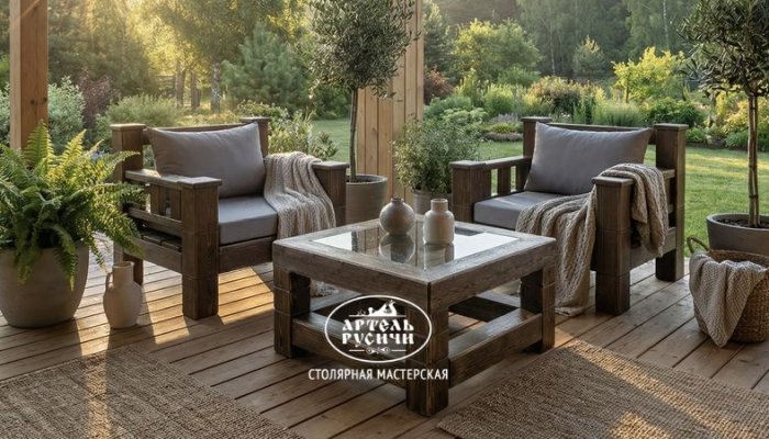 Уличные кресла из массива дерева с мягкими подушками и журнальный столик со стеклом