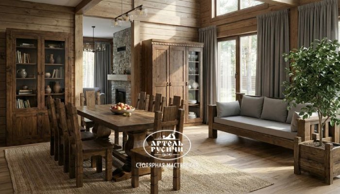 Мебель из массива северной сосны в интерьере гостиной загородного дома