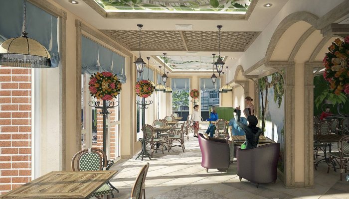 3D визуализация проекта — интерьер кафе в европейском стиле, декор из массива