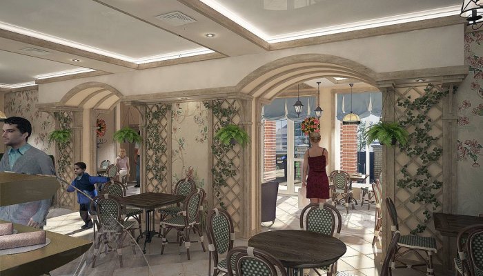 3D визуализация проекта - интерьер кафе в европейском стиле. Листайте слайдер.