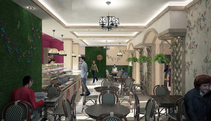 3D визуализация проекта — интерьер кафе в европейском стиле, декор из массива