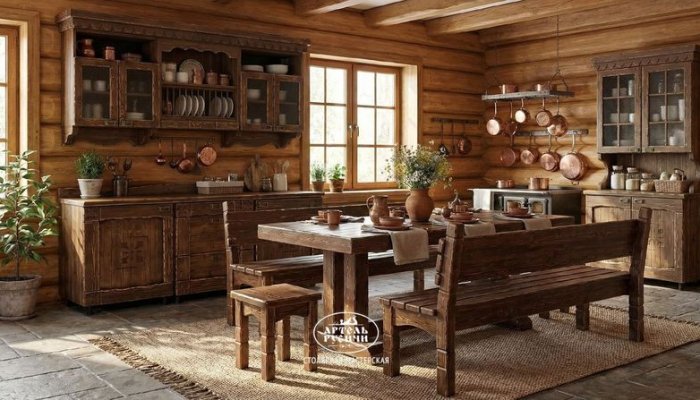 Мебель из массива северной сосны в кухне на даче. Коллекция "Суздальская"