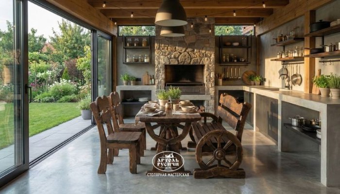 Обеденная группа из массива северной сосны в интерьере летней кухни. Коллекция "Ямщик"
