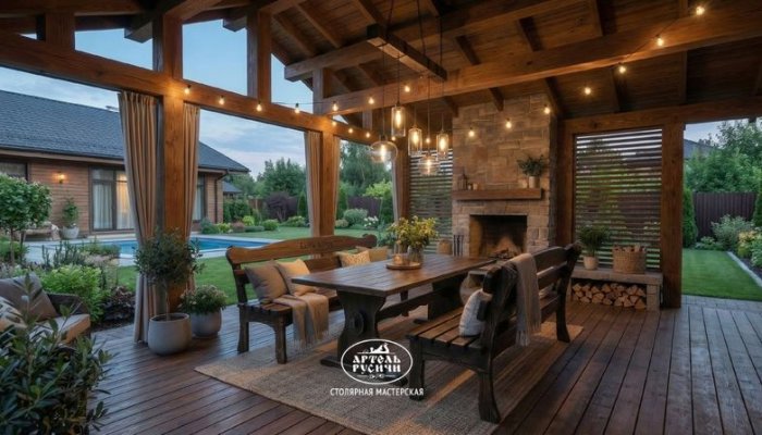 Комплект мебели из массива дерева в интерьере просторной беседки. Коллекция "Псковская"