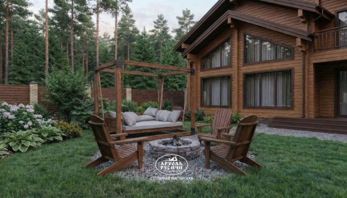 Кровать-качели и садовые кресла Адирондак на участке загородного дома