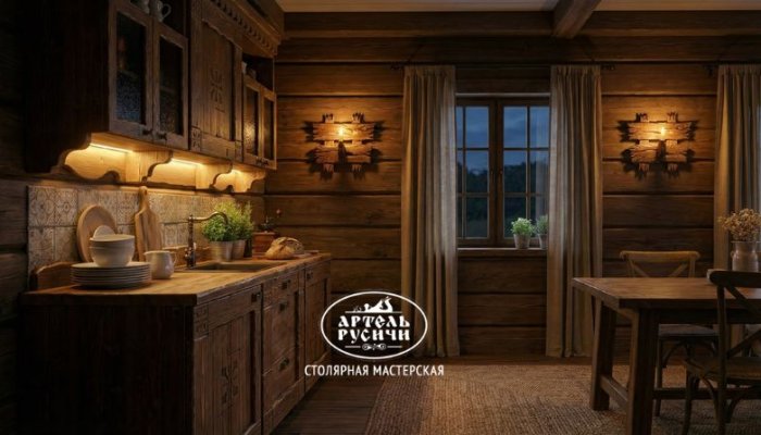 Светильники из массива дерева в интерьере кухни загородного дома