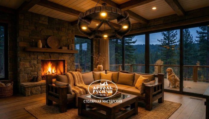 Люстра из массива северной сосны в интерьере загородного дома