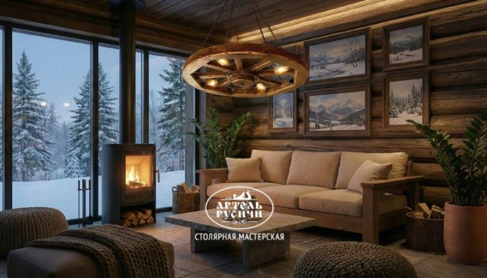 Люстра под старину в интерьере деревянного дома