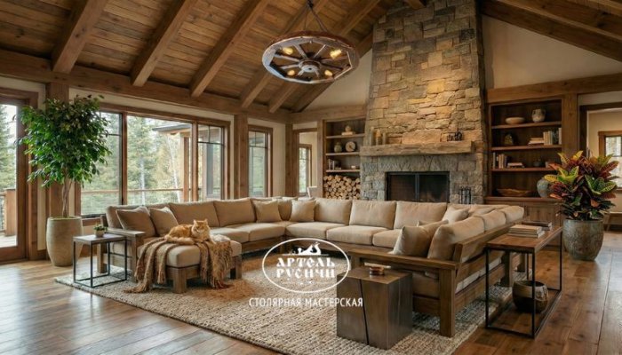 Деревянная потолочная люстра в интерьере просторной гостиной загородного дома