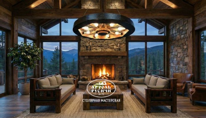 Люстра из массива дерева под старину в интерьере горного шале