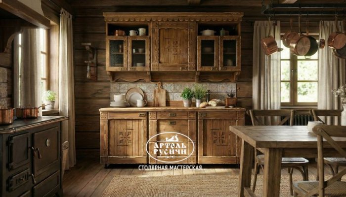 Деревянный светильник, бра из сосны в интерьере кухни загородного дома