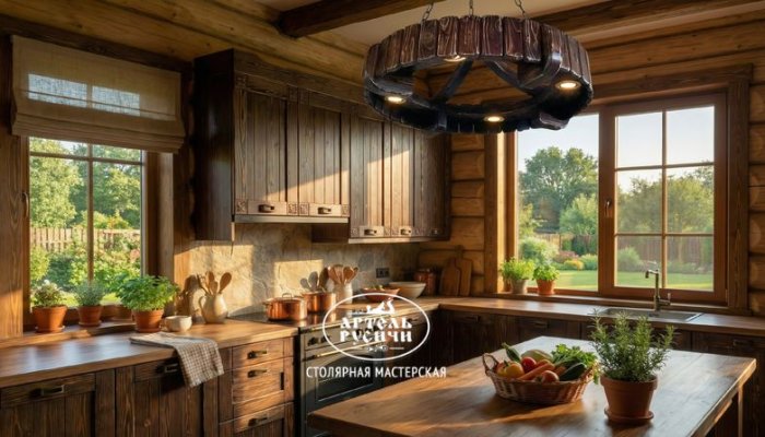 Деревянная люстра из коллекции "Бондарь" в интерьере кухни загородного дома
