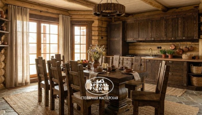 Мебель из массива северной сосны в интерьере кухни загородного дома