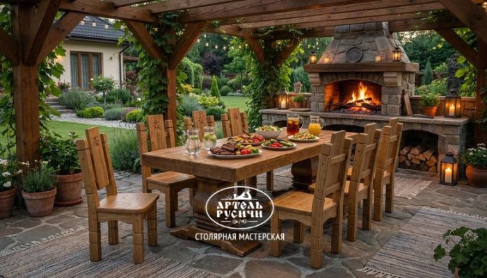 Обеденная группа из массива дерева в интерьере зоны-барбекю