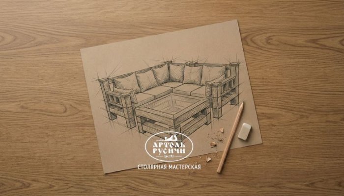 Эскиз диванной группы, рисунок простым карандашом