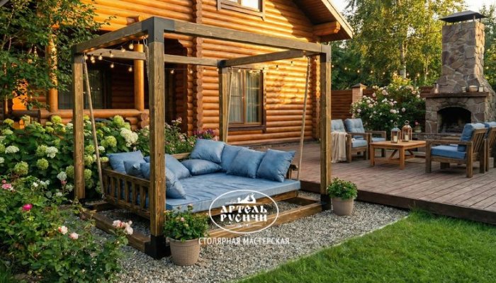 Уличные кровать-качели из массива дерева "Бали-стайл" с мягкими подушками