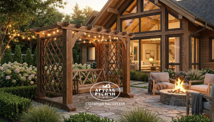 Садовые качели с перголой из массива северной сосны для дачи