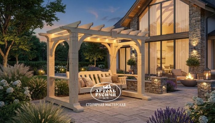 Пергола с качелями из дерева 3 в 1 «Царские палаты» | качели-диван + беседка + пергола