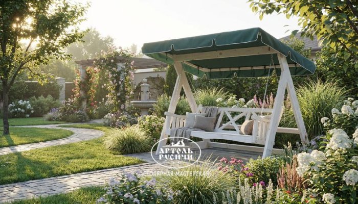 "Курортные" садовые качели из массива дерева с тентом