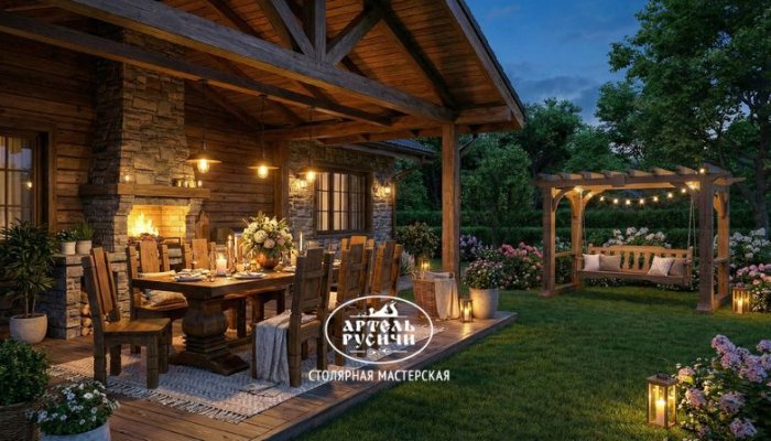 Обеденная группа для зоны-барбекю и садовые качели с перголой из массива