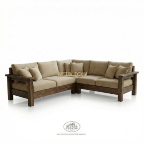 Угловой диван из массива северной сосны с мягкими подушками в стиле кантри