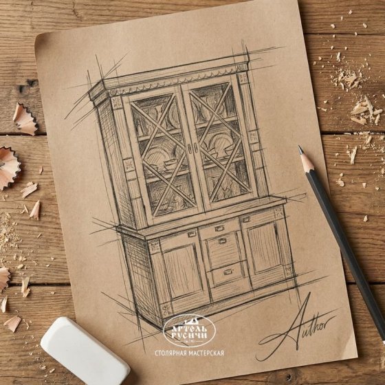 Деревянный буфет для посуды и книг со стеклом 