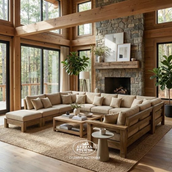 П-образный диван из массива дуба с мягкими подушками