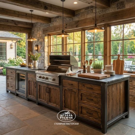 Деревянные фасады «Ладожские» для кухни-барбекю и мангальной зоны