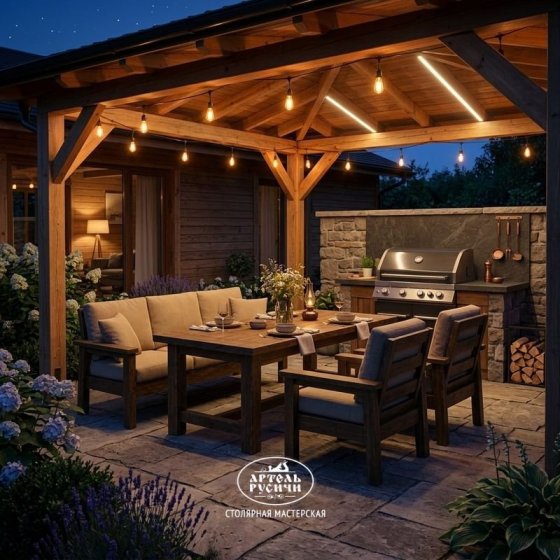 Комплект мебели из массива северной сосны в стиле кантри для бани и террасы