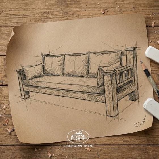 Прямой диван «Суздальский» из массива дерева в стиле лофт с мягкими подушками