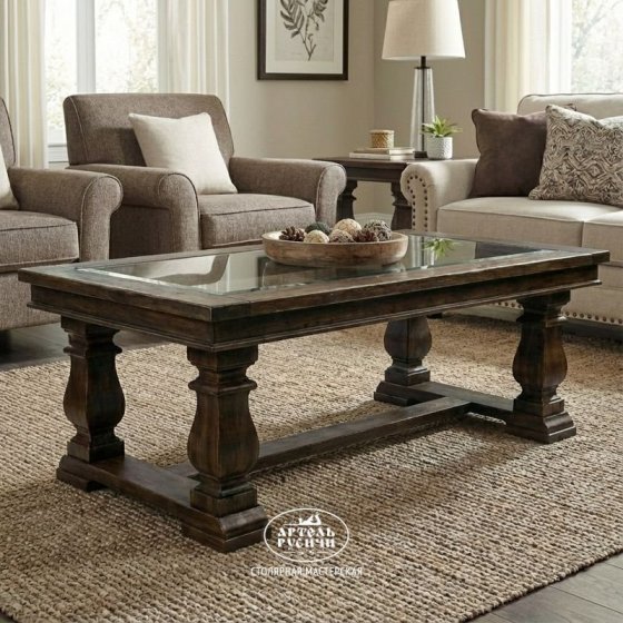 Журнальный столик из массива дерева со стеклянной столешницей «Купеческий»