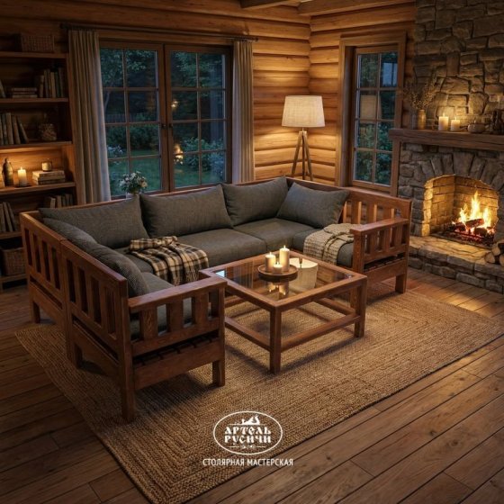Уличный диван из дерева с мягкими подушками и столик для дачи