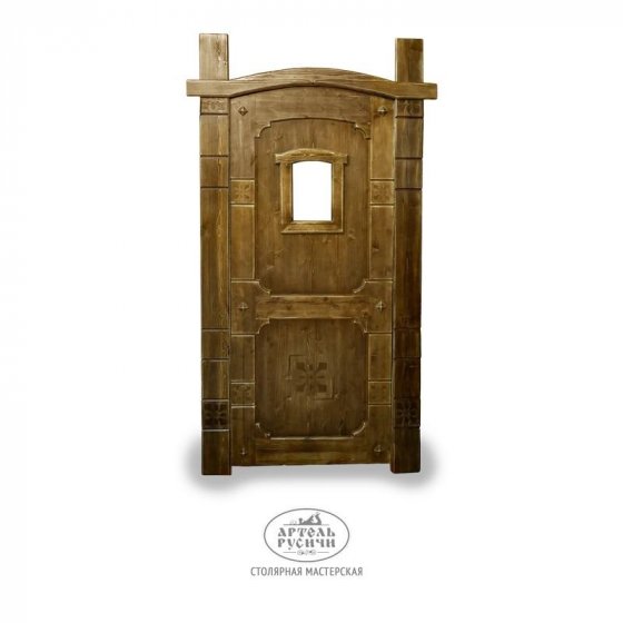 Деревянная арочная дверь под старину «Суздальская» из массива сосны с окном 