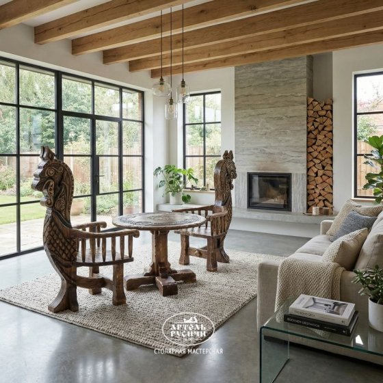 Круглый стол из дерева с резьбой под старину и 2 резных кресла | «Щит Викинга»