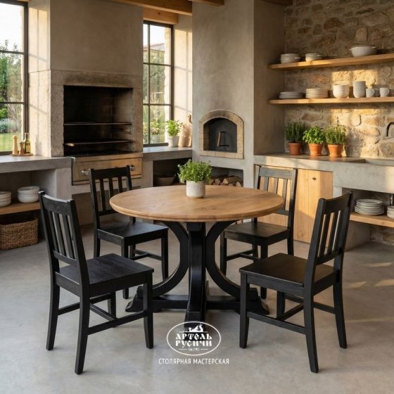 Круглый обеденный стол «Купеческий» с дубовой столешницей и подстольем из массива сосны