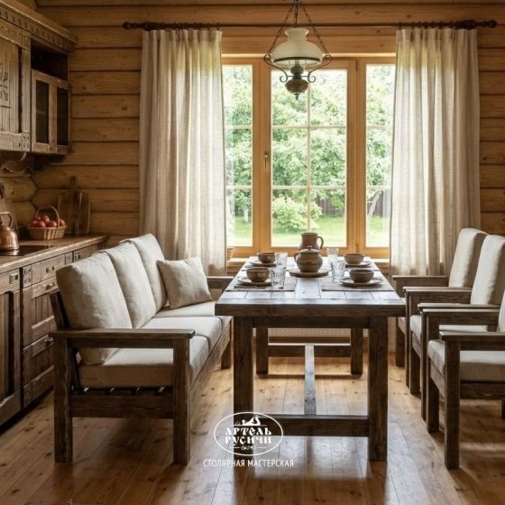 Комплект мебели из массива северной сосны в стиле кантри для бани и террасы