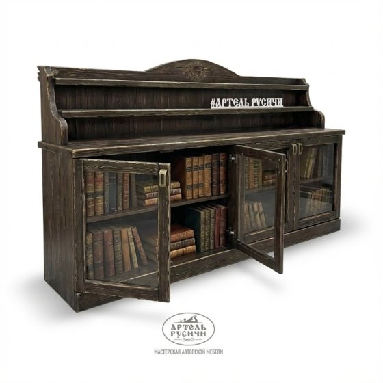 Комод для книг из массива со стеклянными дверцами