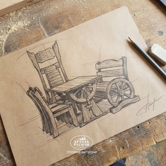 Комплект мебели под старину «Ямщик» | стол, 2 стула, скамья и трон